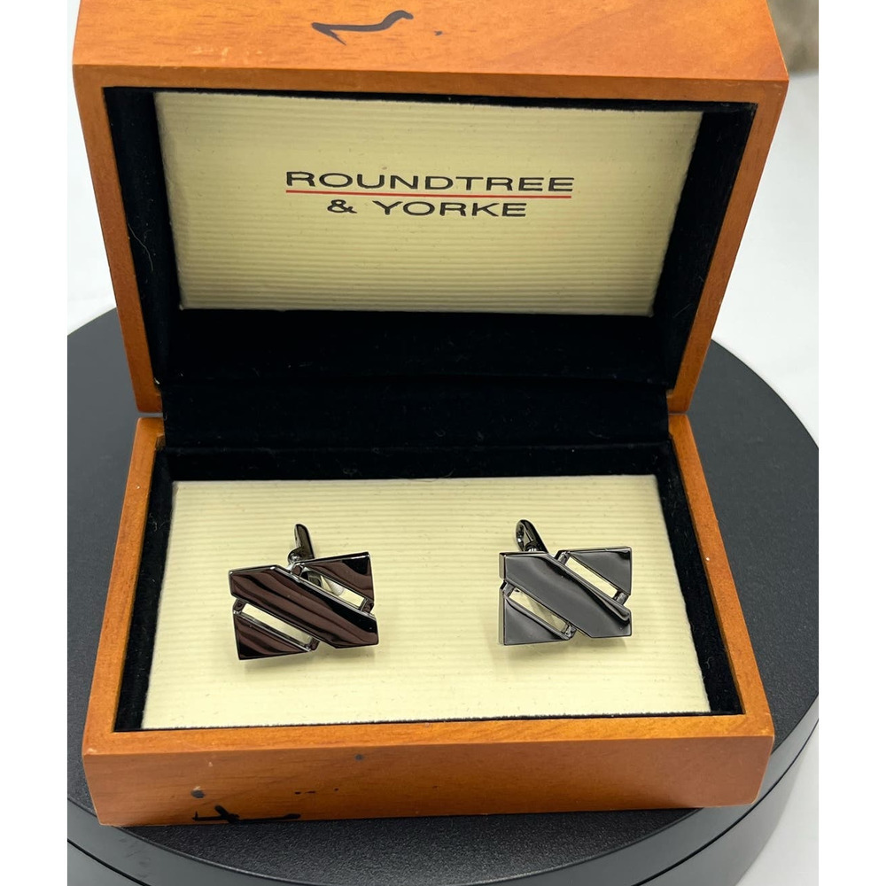 Roundtree‎ & Yorke Gunmetal Diagonal Cufflinks in Wooden Box New